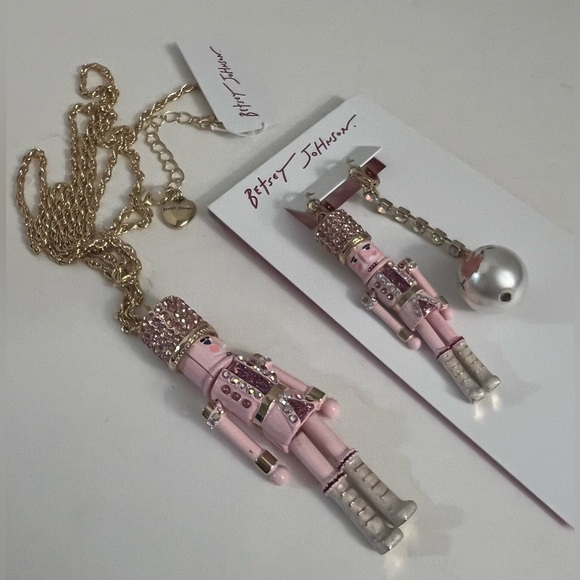 Betsey Johnson Pink Nutcracker & Ball Rhinestone Pendant Necklace & Earrings set - Picture 7 of 16